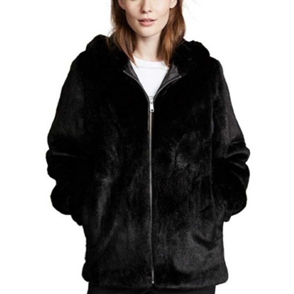 Helmut Lang Oversized Black Faux Mink Bomber Zipper Front Elastic Cuffs Size XS